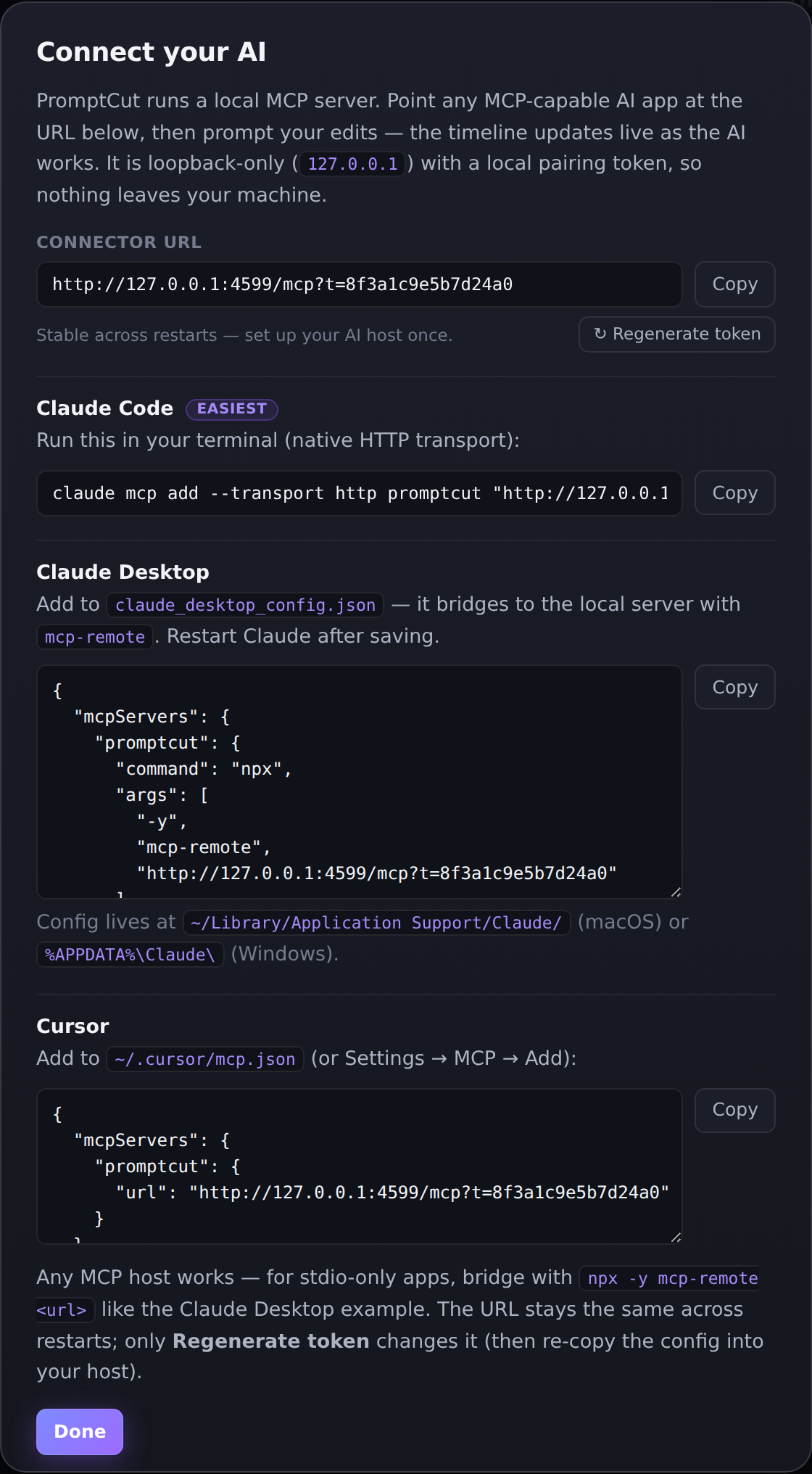 The PromptCut Connect your AI panel with copy-paste MCP setup for Claude and Cursor
