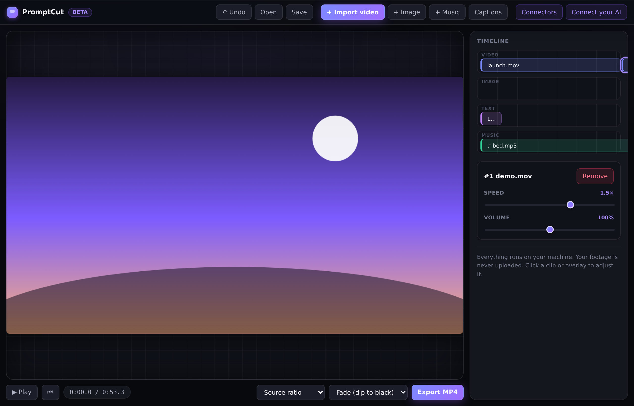 The PromptCut editor: timeline with clips, a title, music, previewing a titled frame